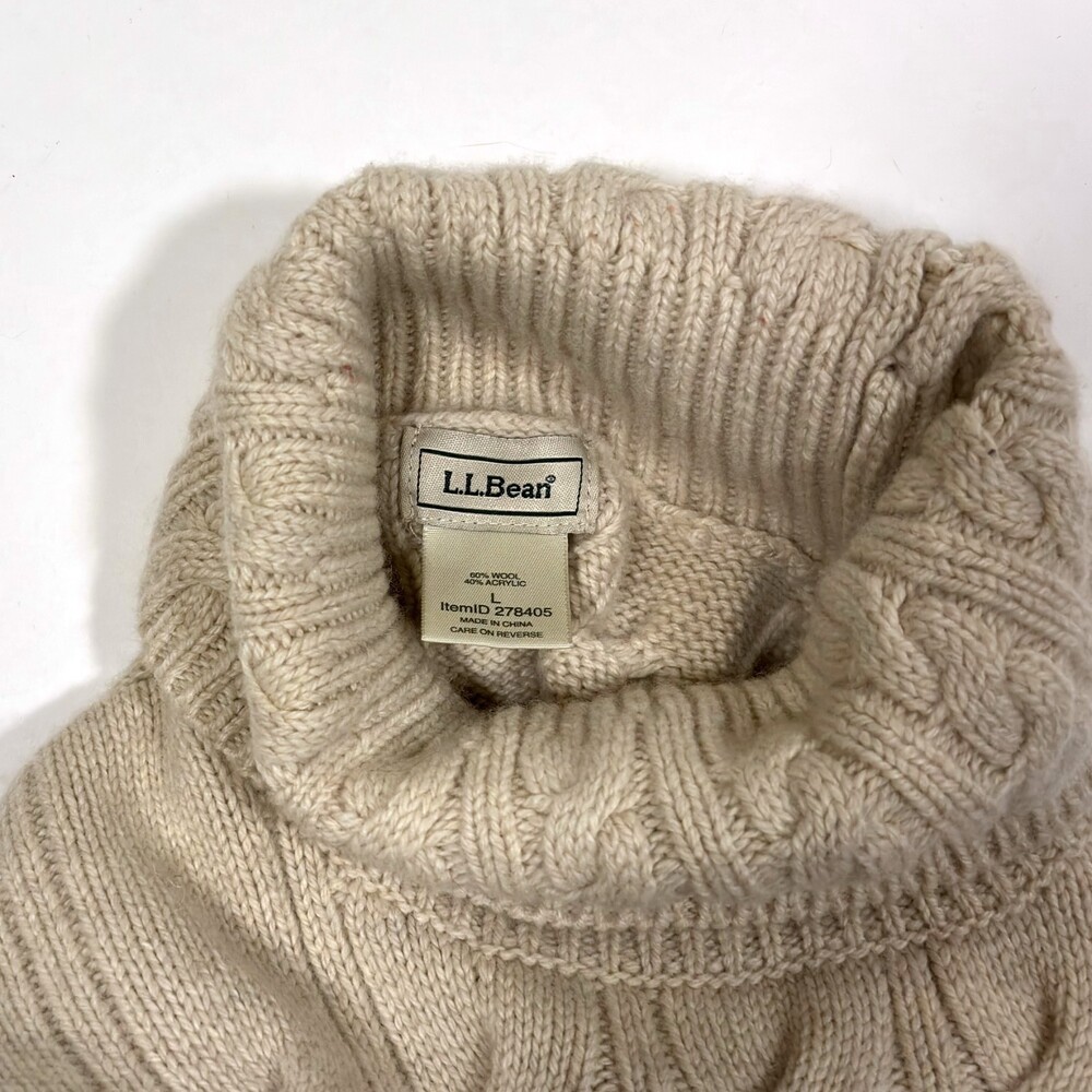LL Bean Turtleneck Cable Knit Sweater Wool Blend Beige - Large - Picture 4 of 6
